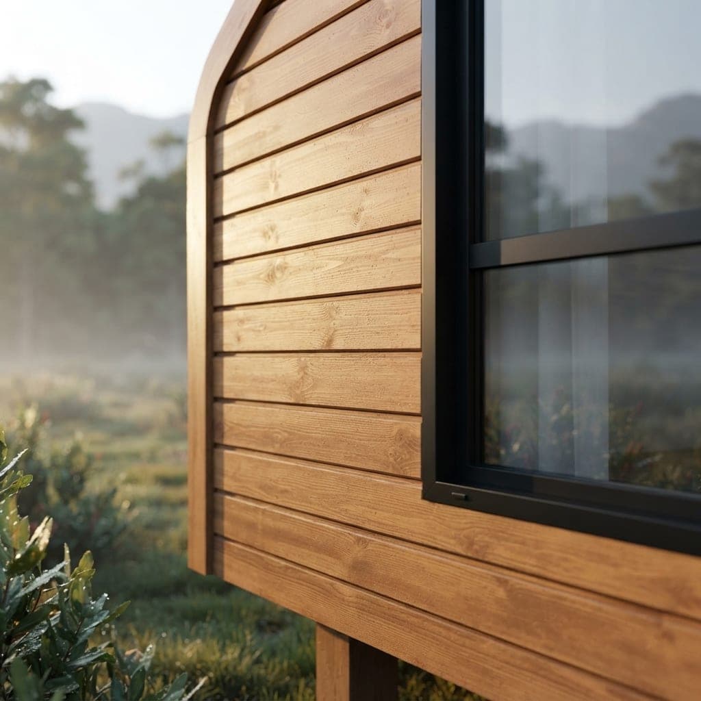 Close-up of a Nature Cabin's honey-toned timber cladding and black-framed window corner in golden morning light.