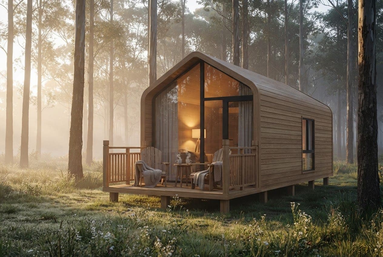 Nature Cabin with a glazed gable end in a misty forest clearing at dawn, deck chairs and coffee cups.