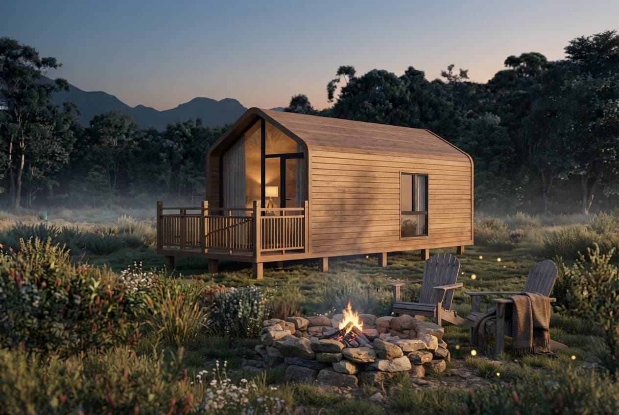 Timber-clad Nature Cabin with a glowing glazed gable and railed deck at dusk, a stone fire pit in the foreground.