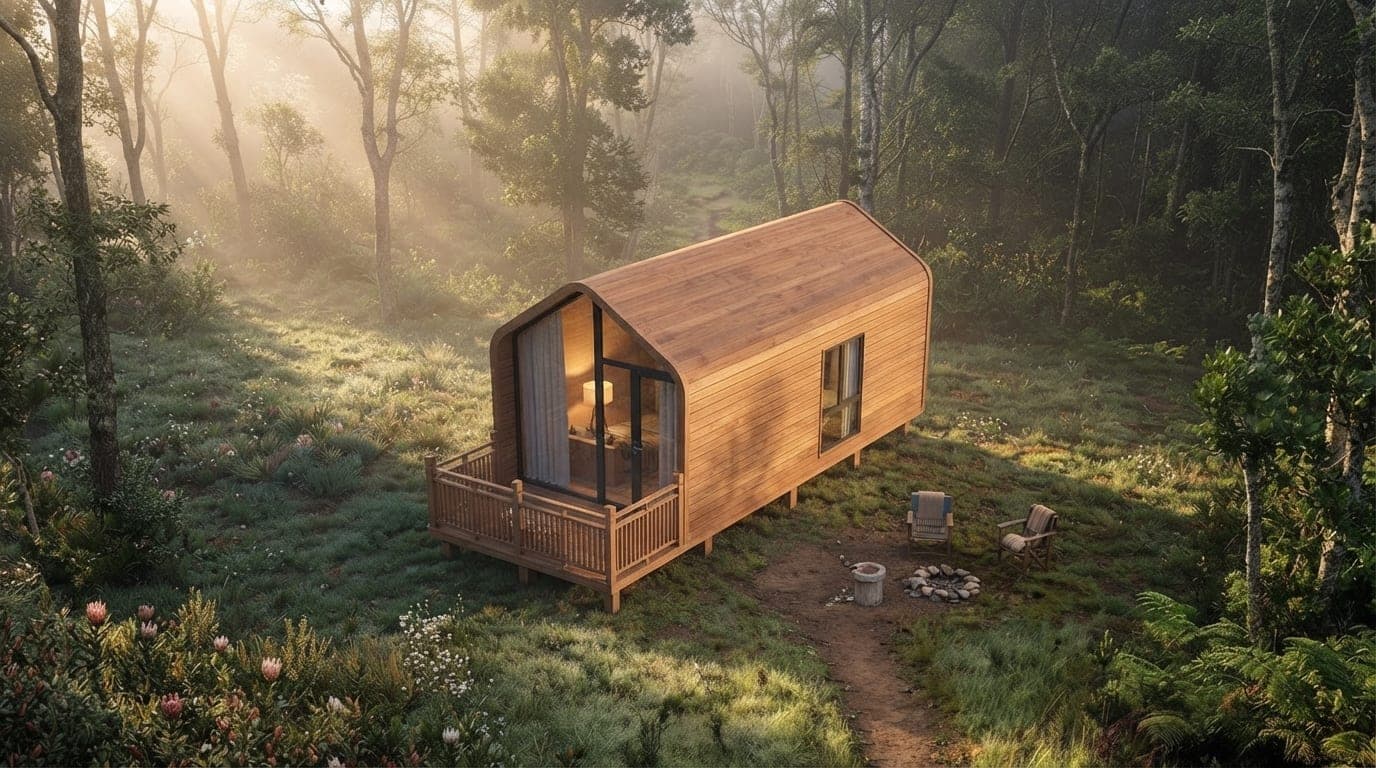 Aerial view of a timber-clad Nature Cabin with a glazed gable end and railed deck in a misty forest clearing.