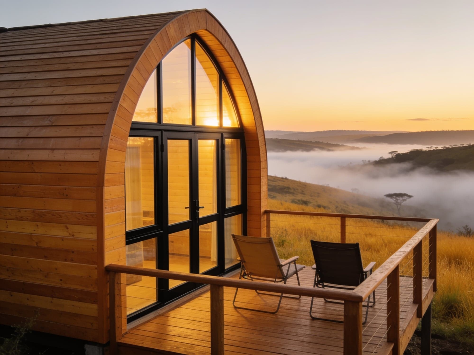 Timber Nature Cabin with glass gable and railed deck over a misty South African valley.