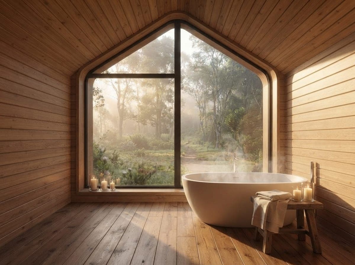 Steaming freestanding bathtub beside a Nature Cabin's floor-to-ceiling gable window, overlooking a misty indigenous forest.