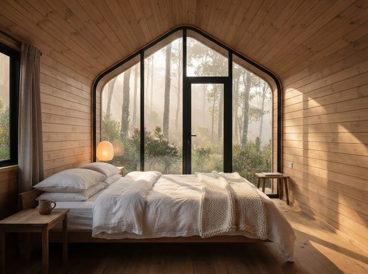 Nature Cabin bedroom with a white linen bed facing the glazed gable end and misty indigenous forest.