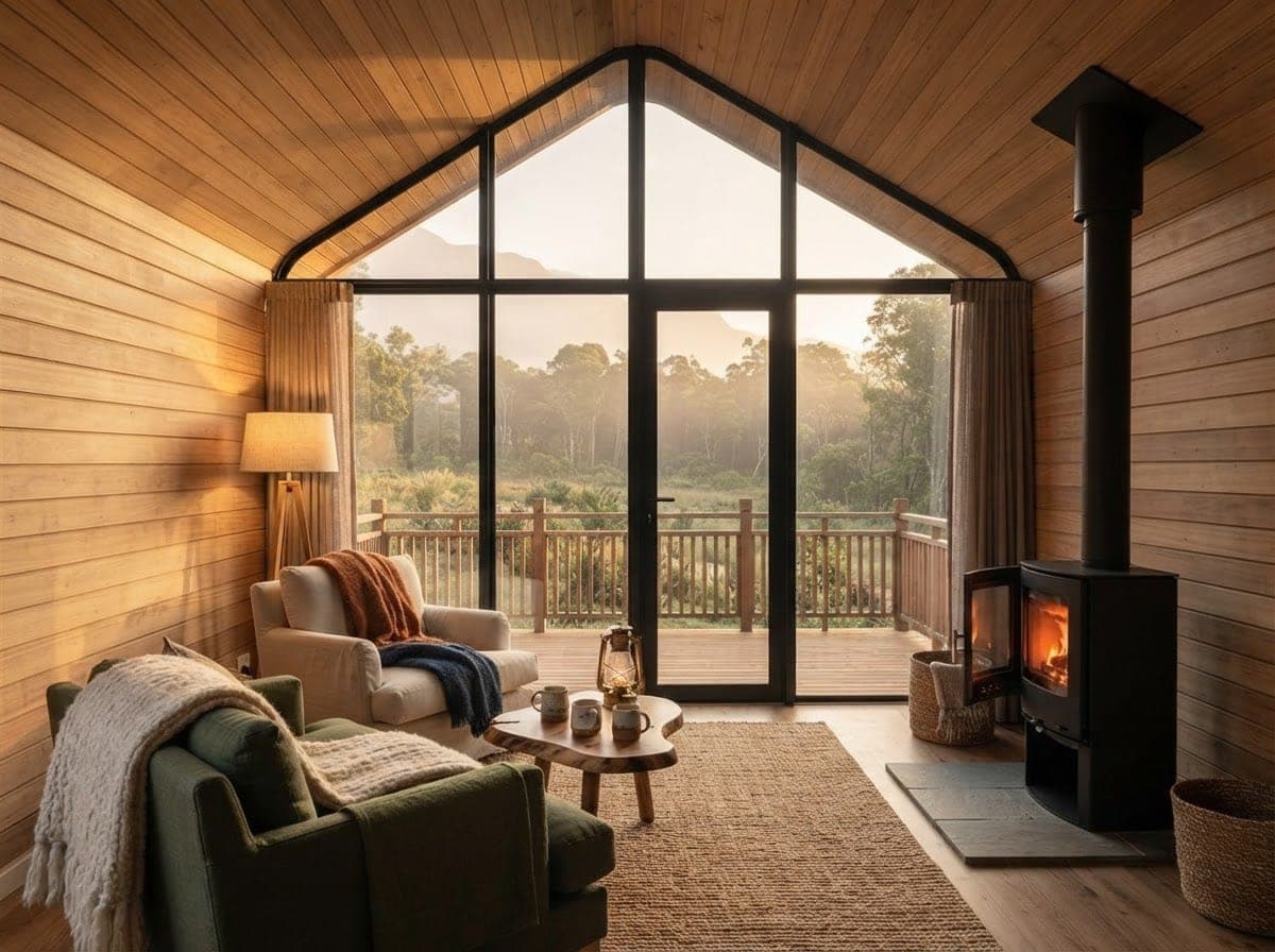Nature Cabin lounge with a glowing wood stove on a slate hearth and a glazed gable wall facing misty forest.
