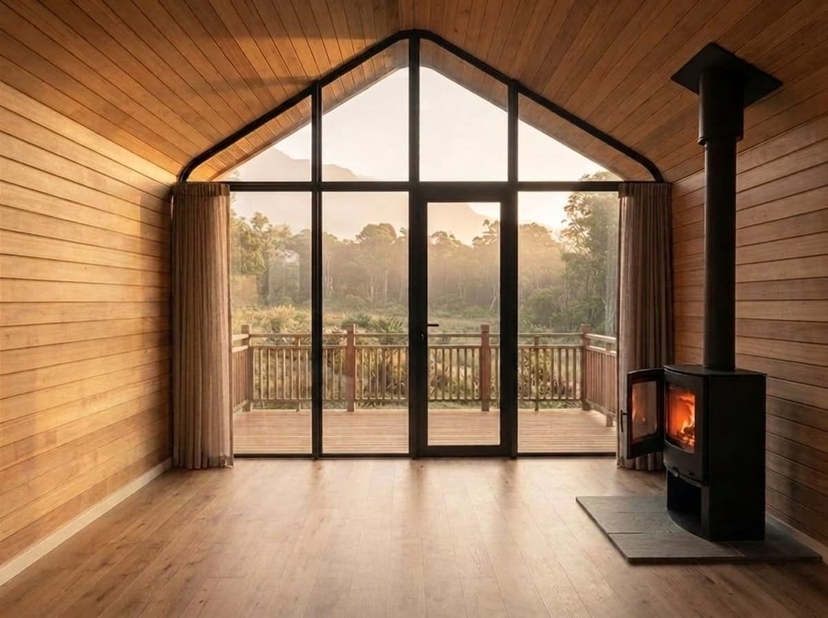 Bare empty Nature Cabin interior shell with timber walls, glazed gable end and the wood stove on its slate hearth.