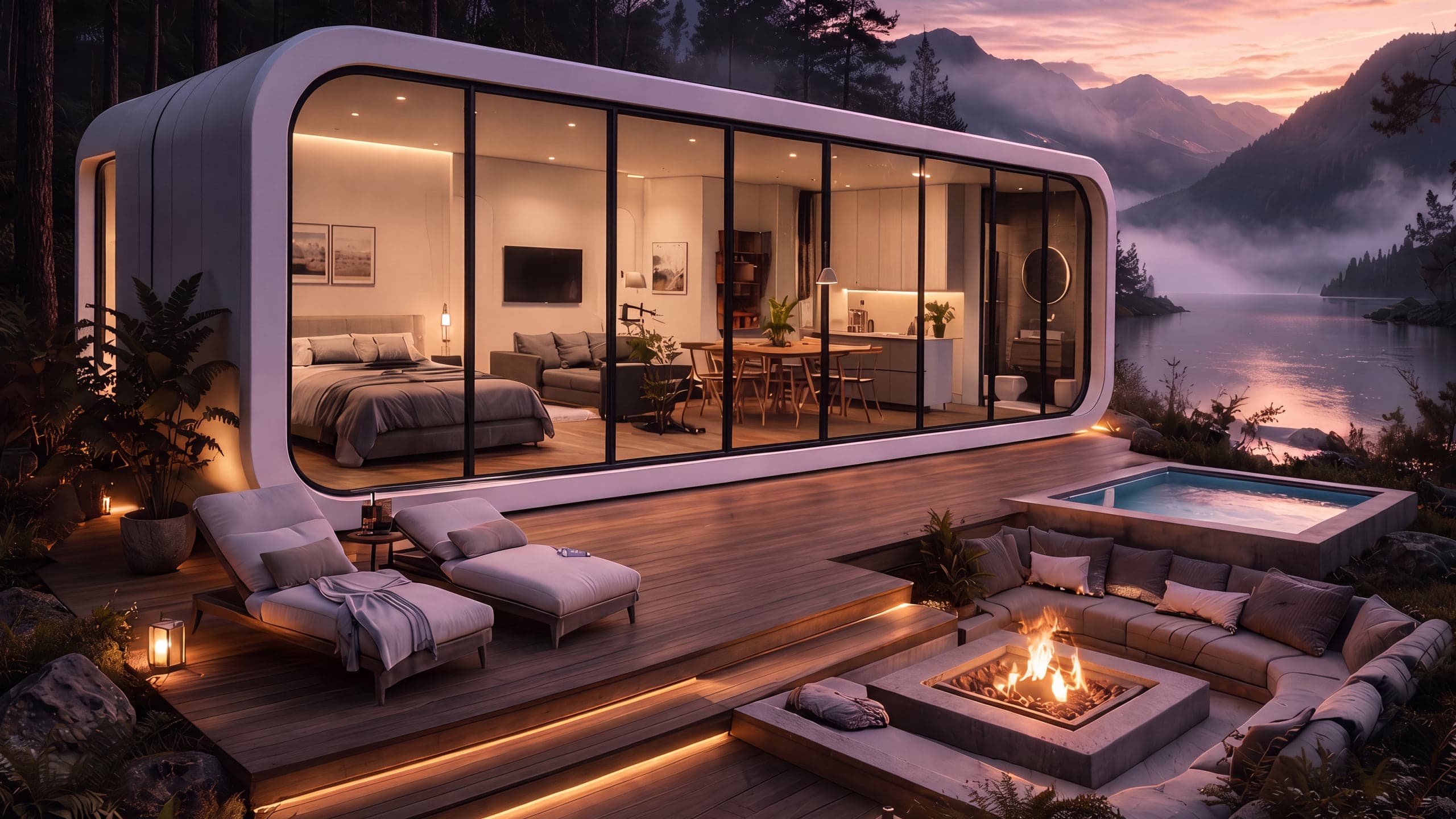Apple Cabin with full-height glazing glowing at dusk on a timber deck, beside a plunge pool and sunken firepit lounge above a mountain lake.