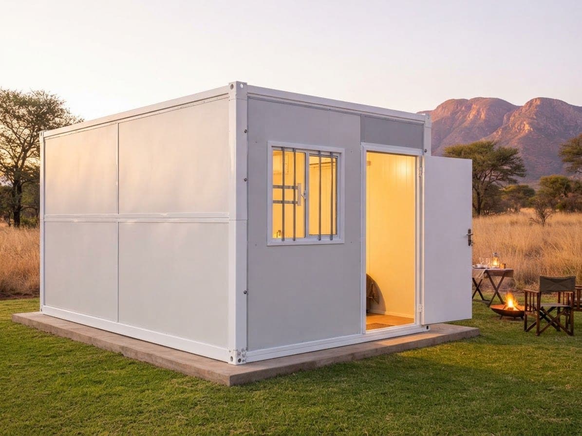 White X-Fold folding tiny home with its steel door open and interior light glowing, on a garden lawn at dusk.
