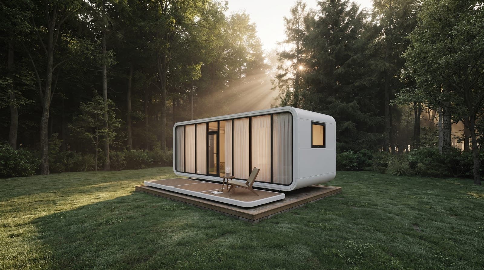 White Apple Cabin with a full-height glazed front wall and timber deck at a garden edge in morning sun.