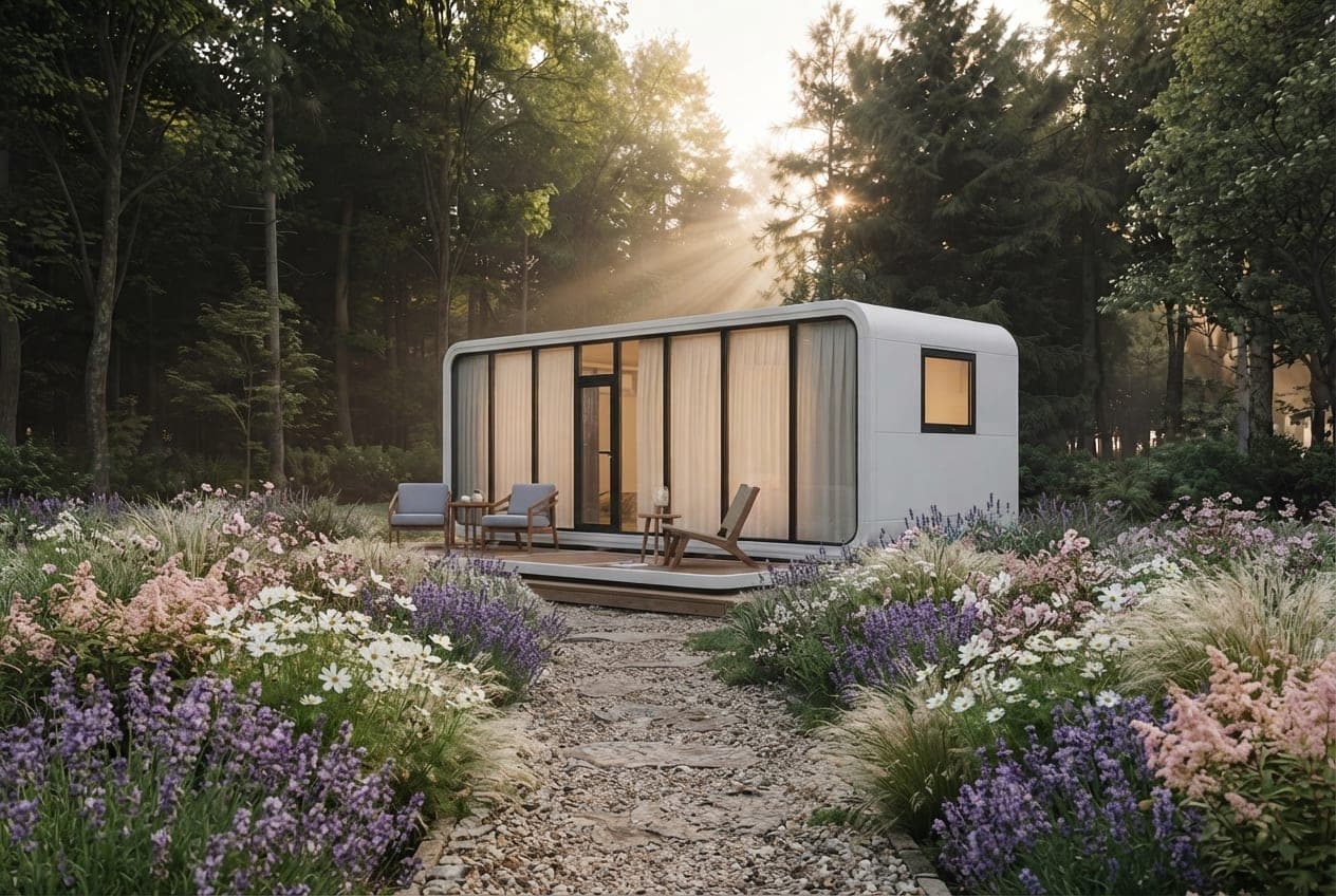 White Apple Cabin with full-height glass front at the end of a flower-lined garden path.