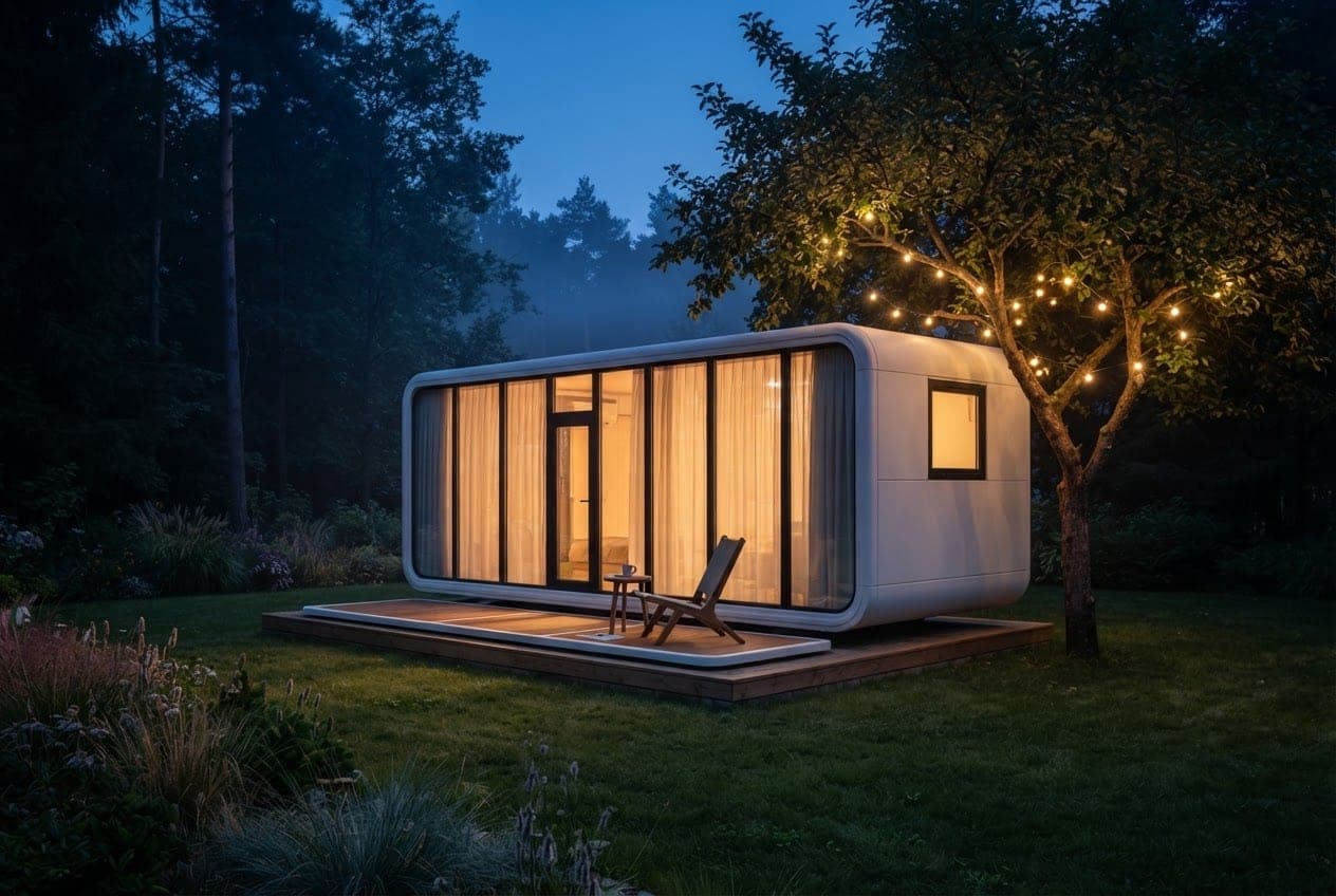 Apple Cabin tiny home glowing warm at night on a timber deck at a forest garden edge.