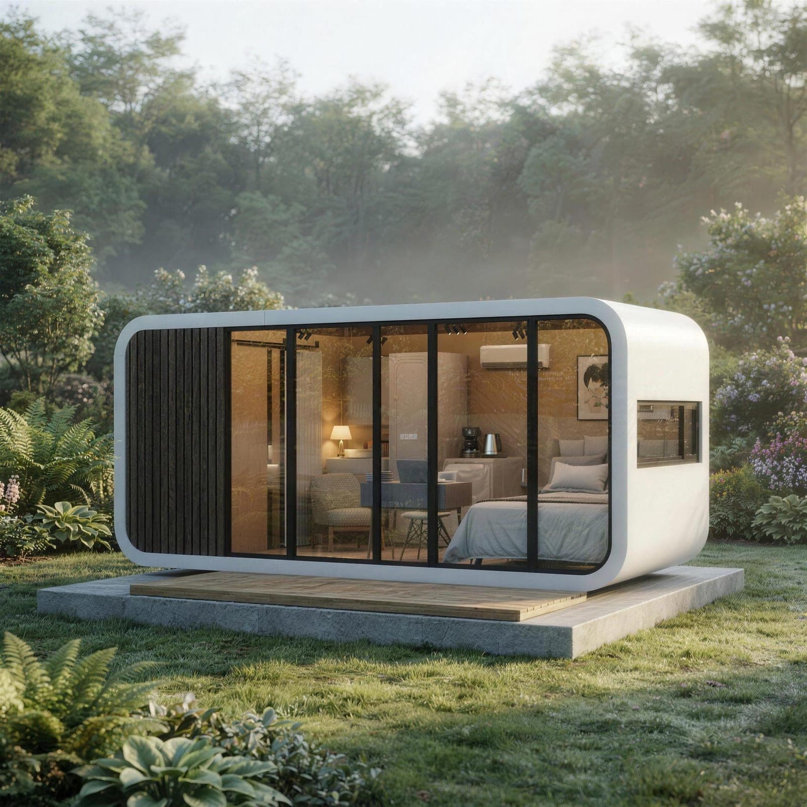 White Apple Cabin office pod with a dark timber-slat end wall and full-height glass sliding doors.