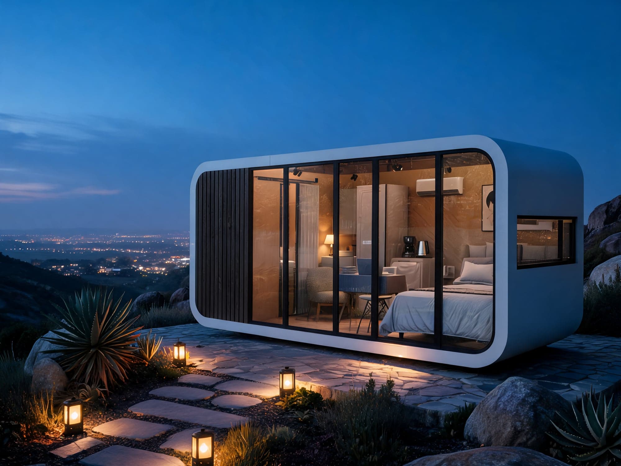 Apple Cabin pod glowing on a lantern-lit stone terrace above a valley at dusk.