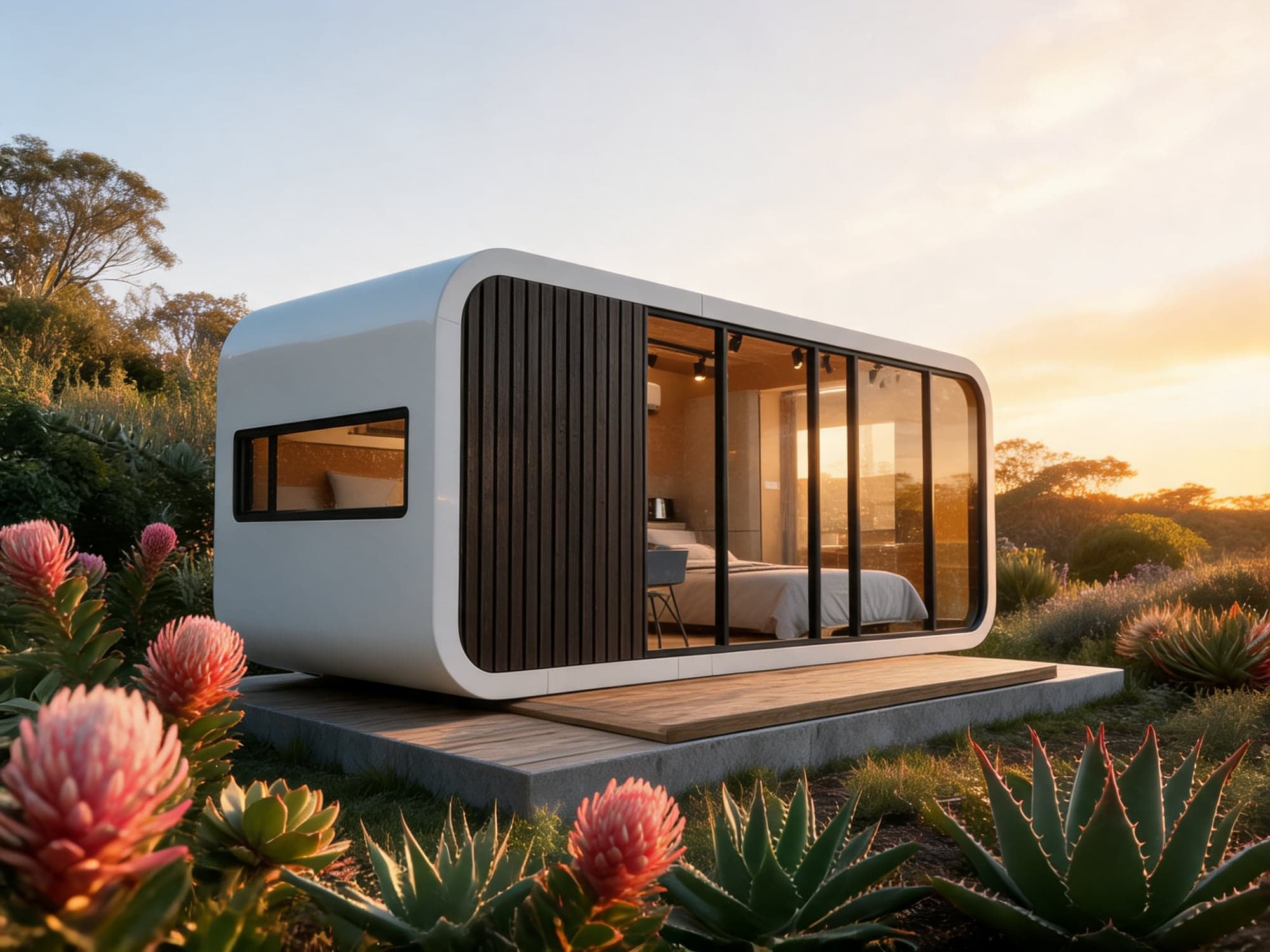 White Apple Cabin pod with glass front on a timber deck among fynbos at sunset.