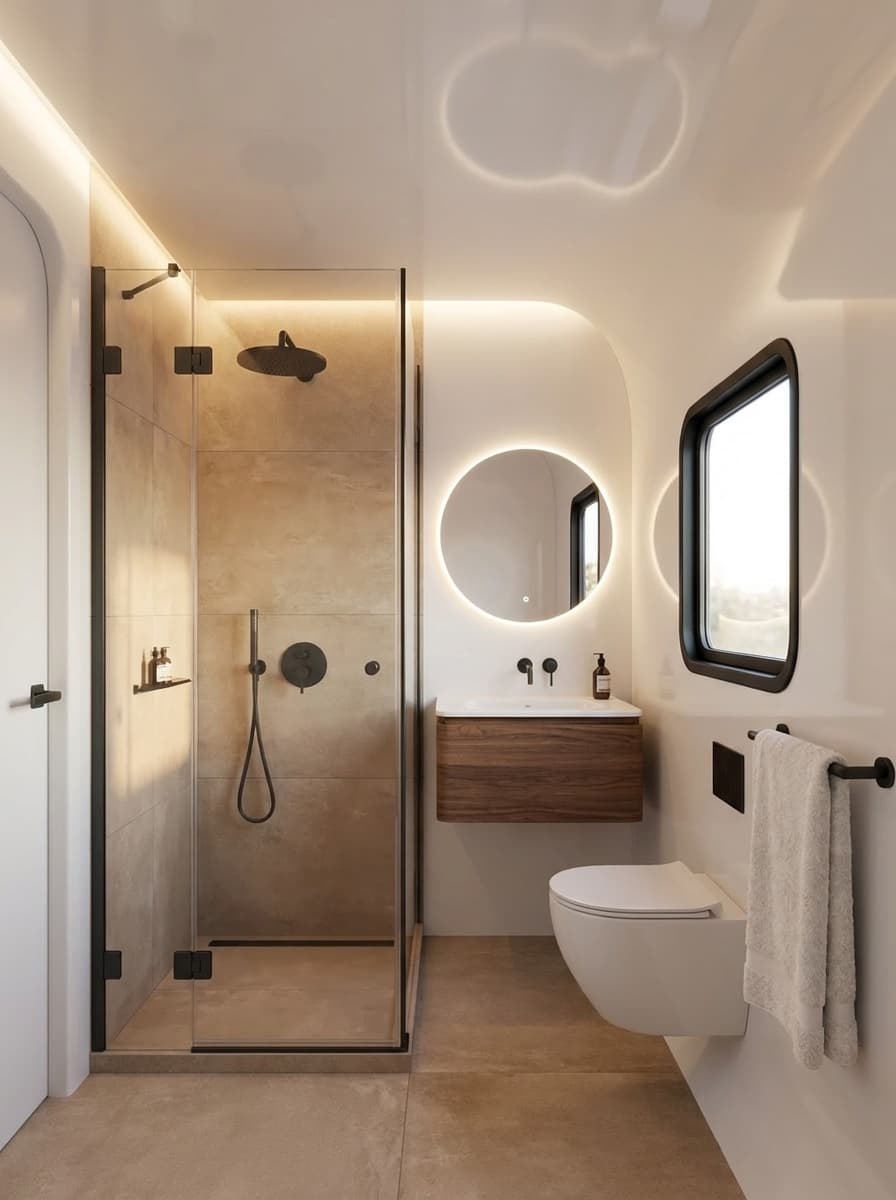 Compact luxury bathroom inside an Apple Cabin with LED mirror and glass rain shower.