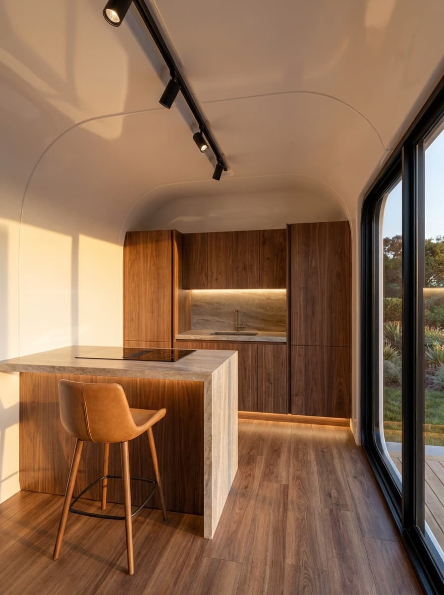 Apple Cabin kitchenette with walnut cabinetry, stone waterfall countertop and leather stool beside the glass wall.