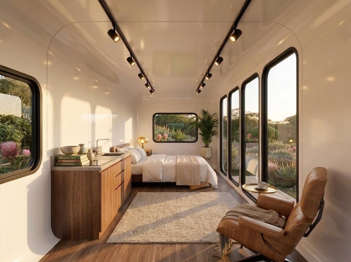 Warm Apple Cabin interior with bed and walnut kitchenette along the glass wall.