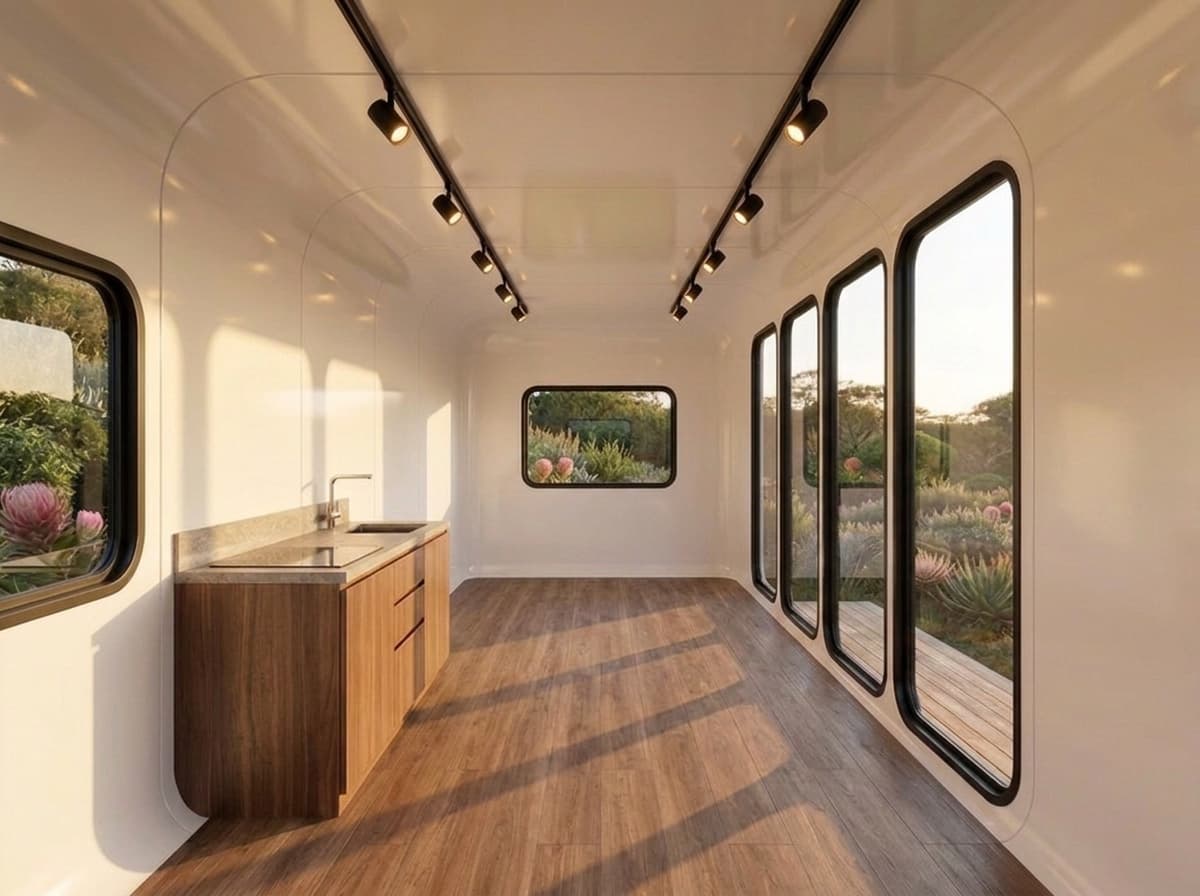 Bare empty Apple Cabin capsule shell with curved white walls, rounded windows and the built-in walnut kitchenette.