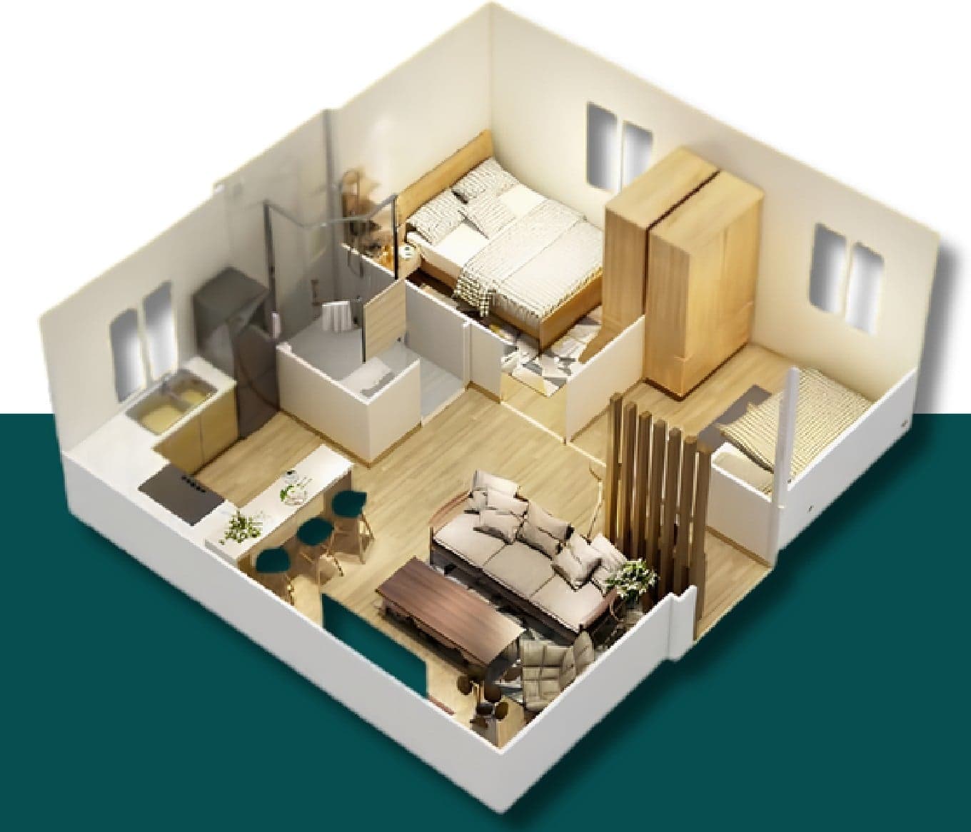 Cutaway view of a two-bedroom Expandable Home with kitchen, bathroom and living area.
