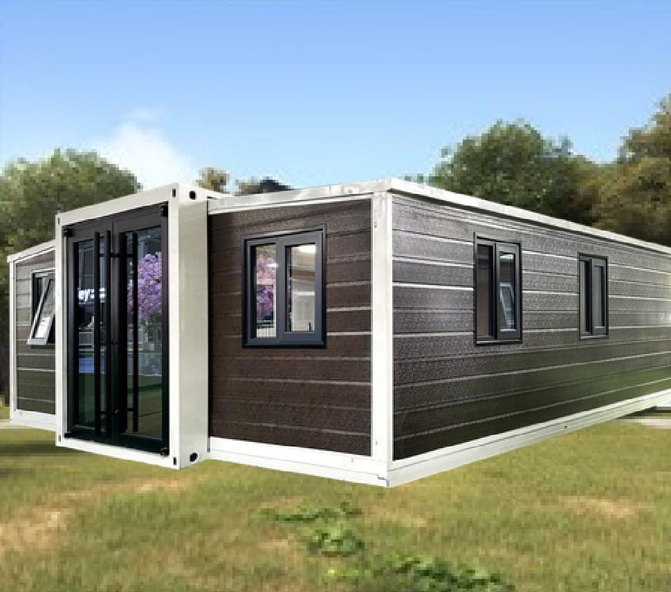 Dark wood-grain Expandable Home expanded on grass under a blue sky.