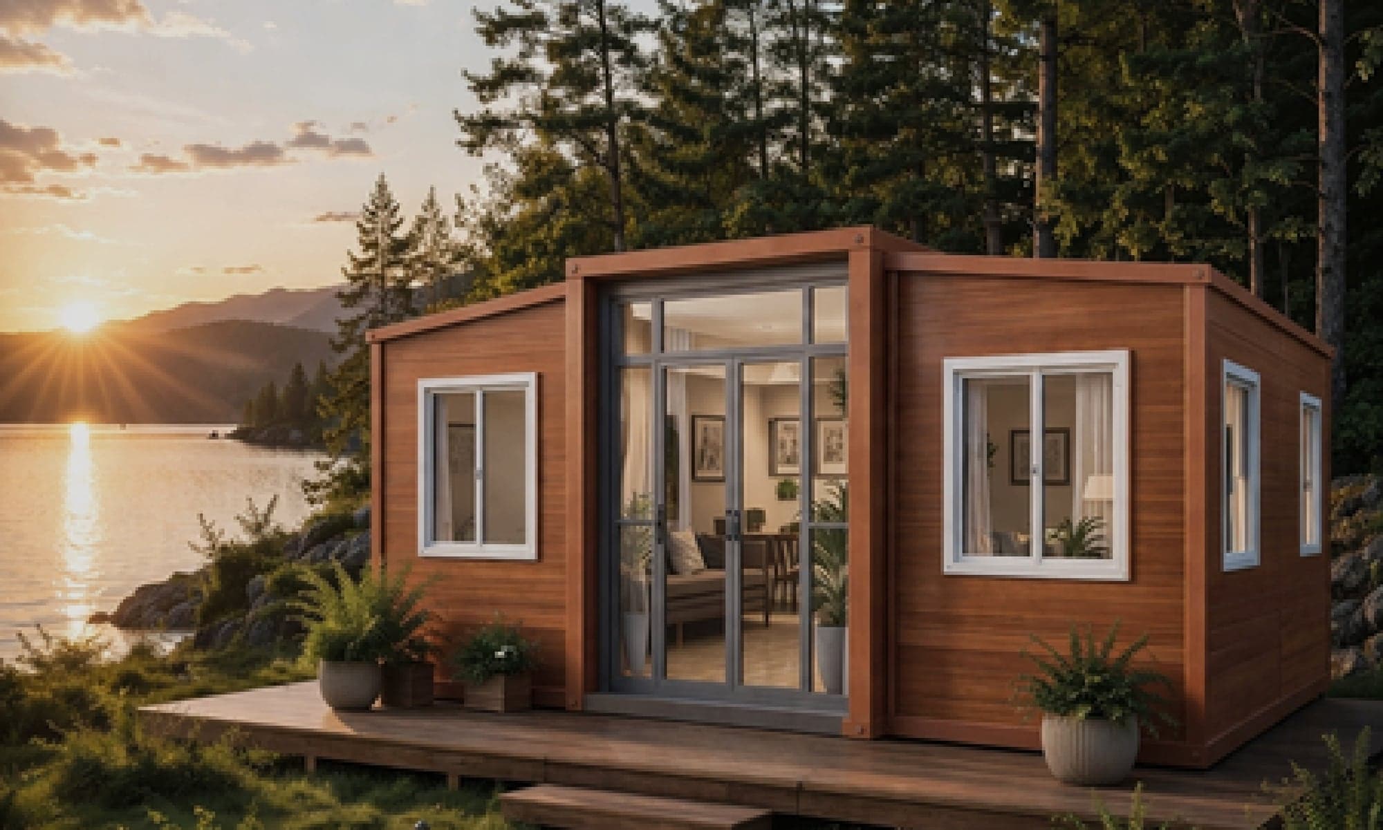Wood-grain Expandable Home with central glass entrance on a timber deck at sunset.
