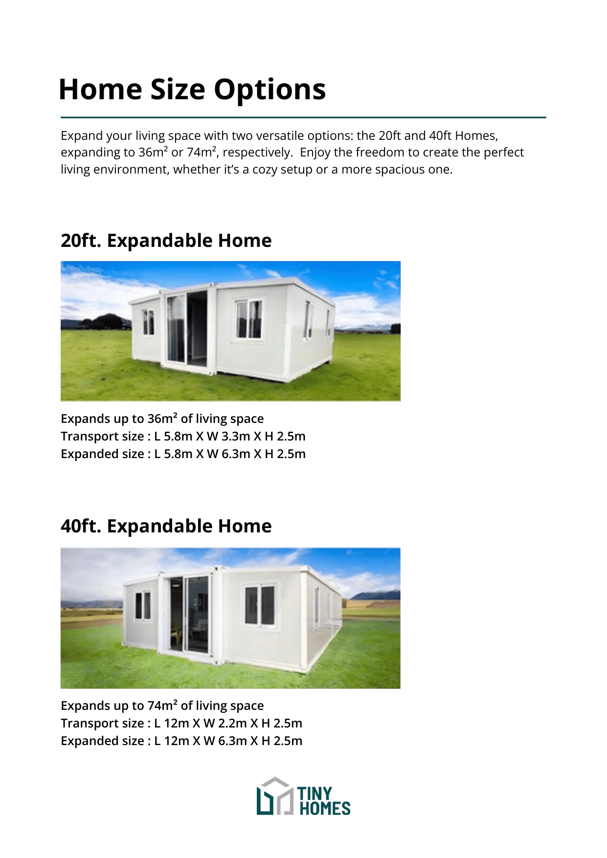 Expandable Home sizes: 20ft and 40ft transport and expanded dimensions from the catalogue.