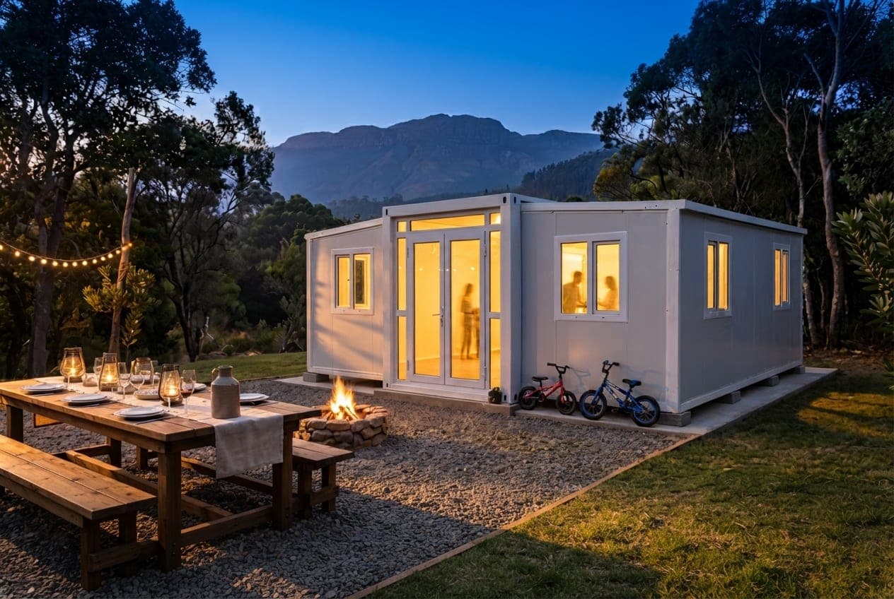 Deployed Expandable Home glowing warmly at dusk in a mountain clearing, with a lantern-lit family dinner table.