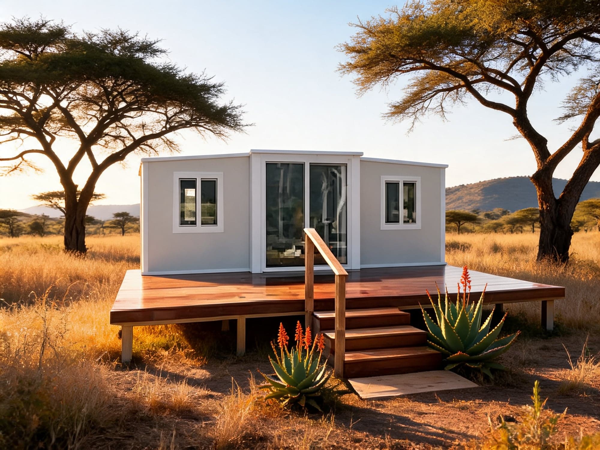 White Expandable Home on a deck in golden bushveld with acacia trees at sunset.