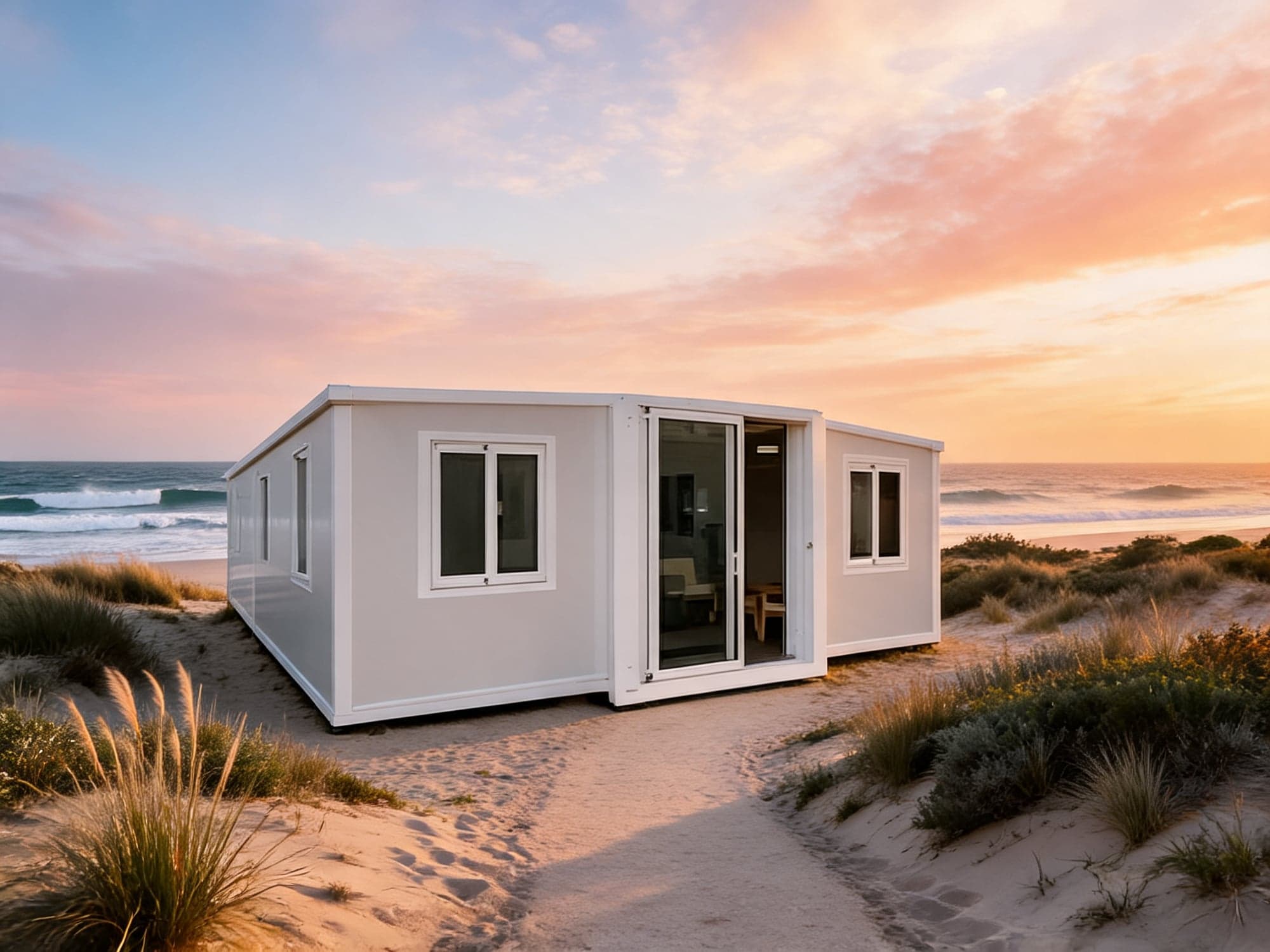 White Expandable Home in coastal dunes at sunset with the sea behind.