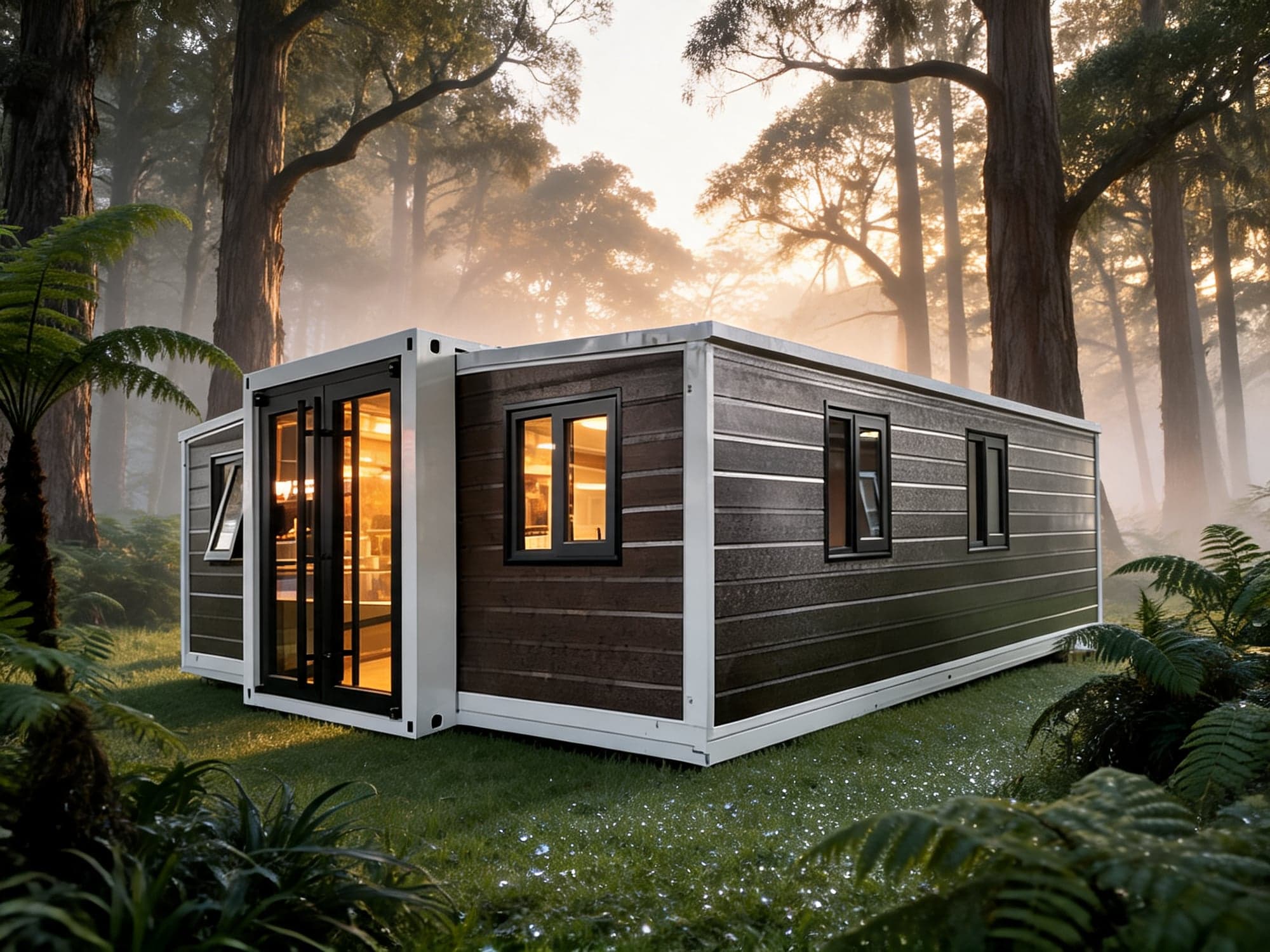 Wood-grain Expandable Home glowing at dawn in a misty indigenous forest.