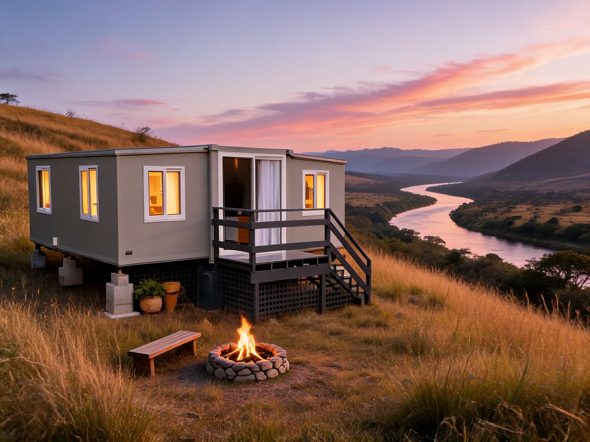 Grey Expandable Home with deck and fire pit overlooking a river valley at dusk.