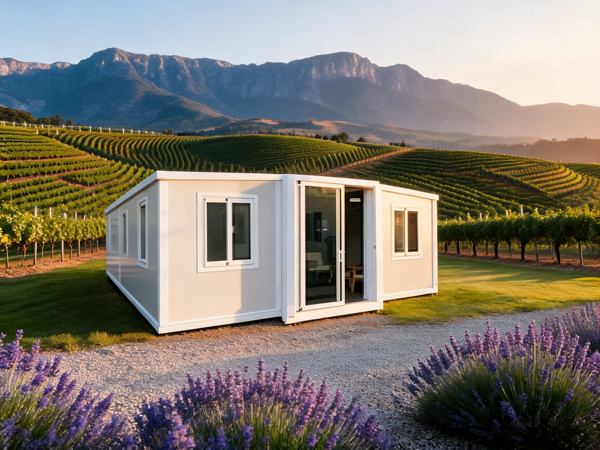White Expandable Home among Cape Winelands vineyards with mountains at late afternoon.