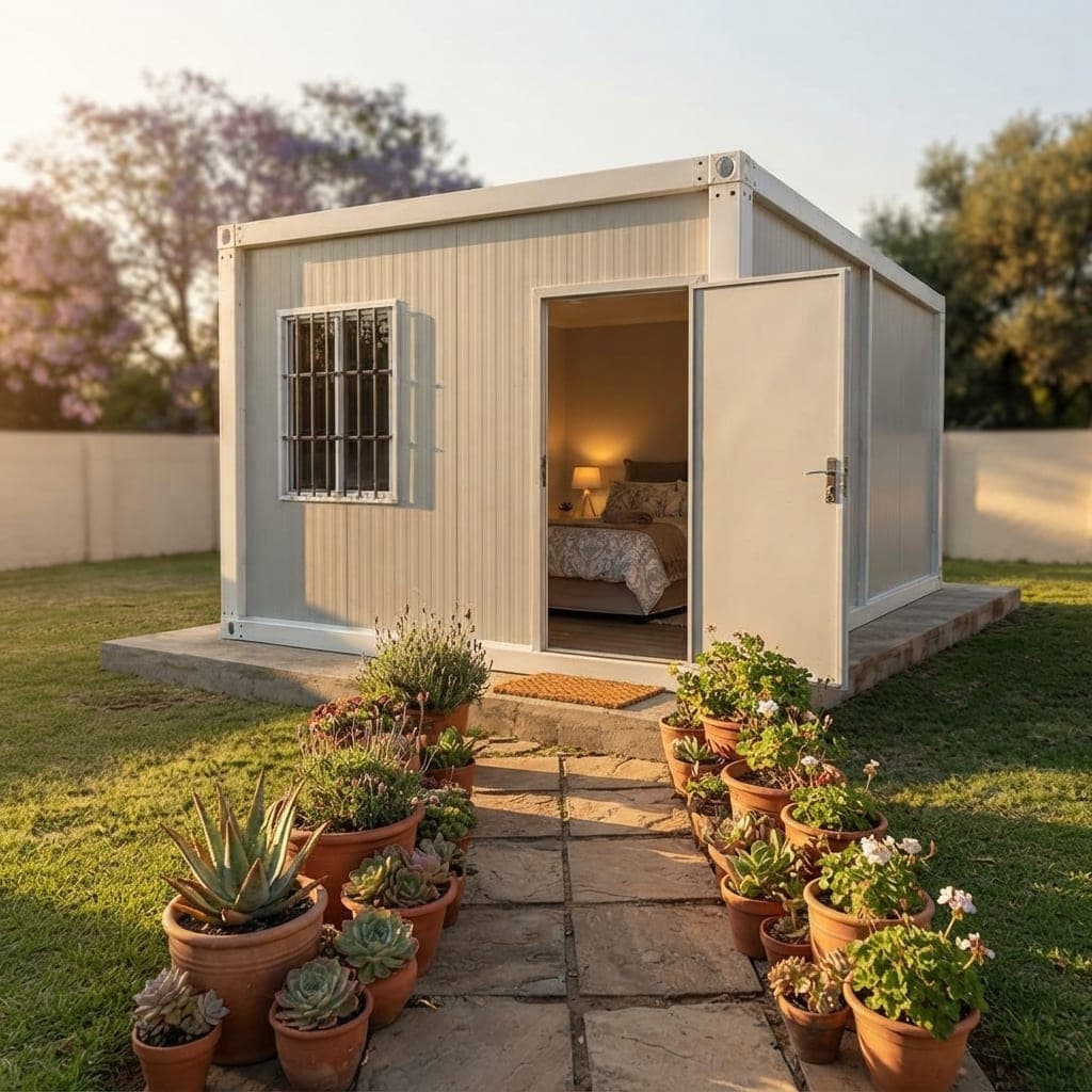 White X-Fold set up as a backyard guest suite with its steel door open at golden hour.