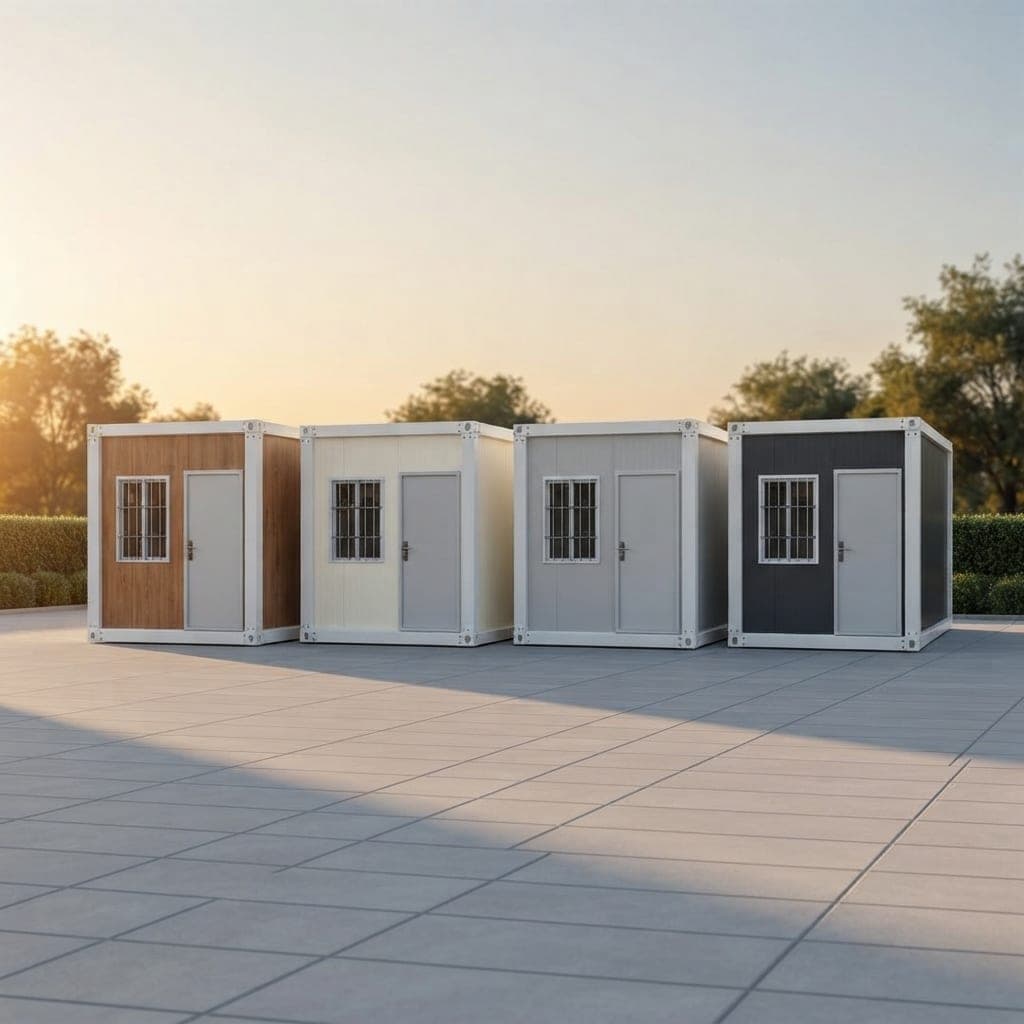 Four X-Fold units in wood-grain brown, cream white, light grey and charcoal finishes at golden hour.