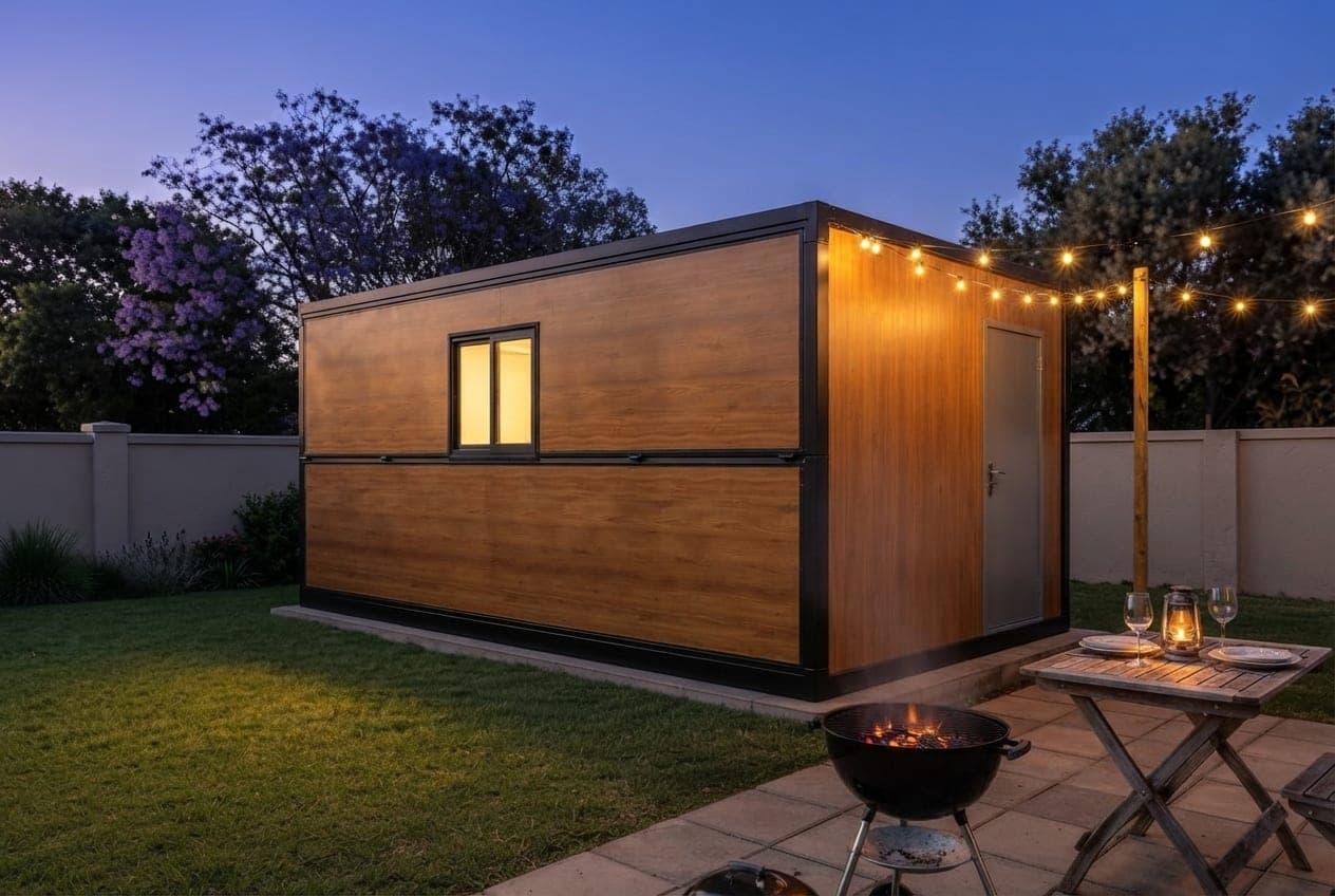 Timber-clad X-Fold folding cabin with a black steel frame, glowing kettle braai and string lights at dusk.