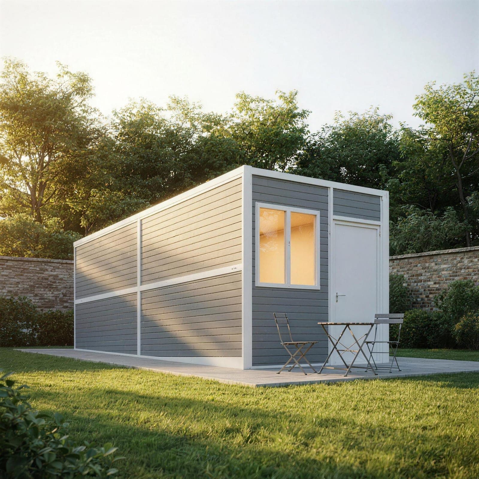 Grey-panel X-Fold folding cabin with a white door and window on a paved plinth in golden-hour light.