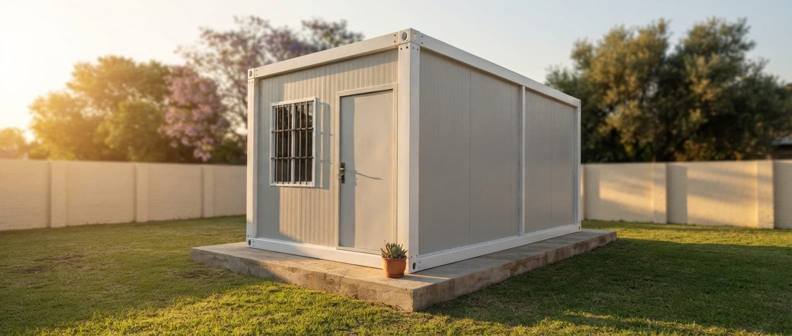 White X-Fold folding home with a barred window and steel door in a suburban garden.