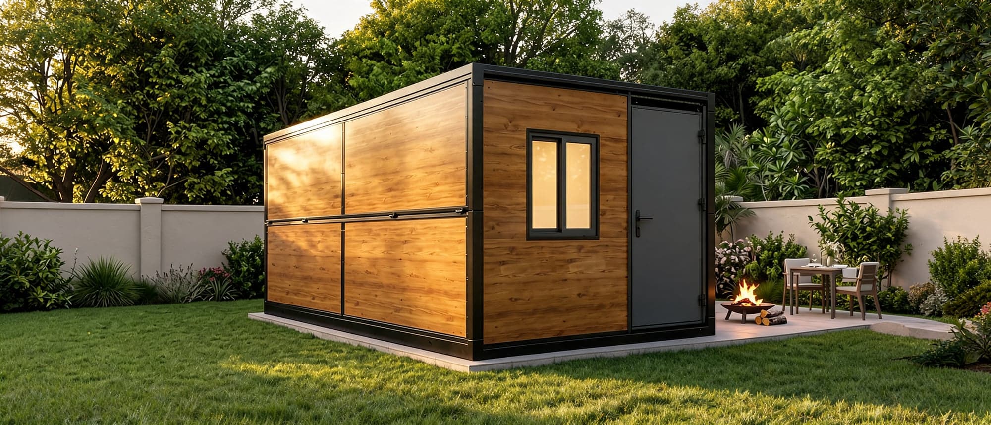 Timber-clad X-Fold folding home with a steel door and window, on a lawn at golden hour.