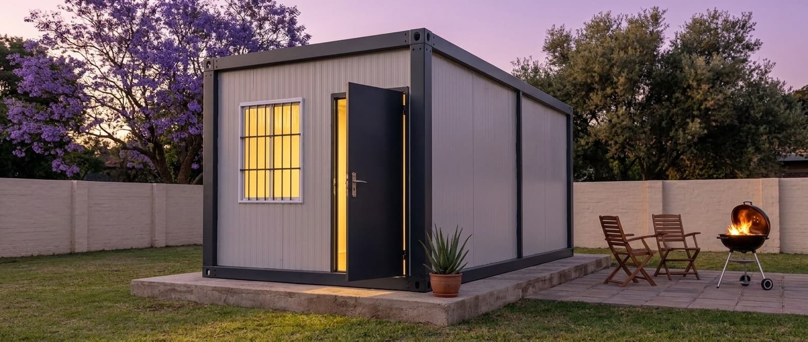 Grey X-Fold flat-pack unit with a barred window and its steel door ajar, glowing warmly at dusk in a suburban garden.