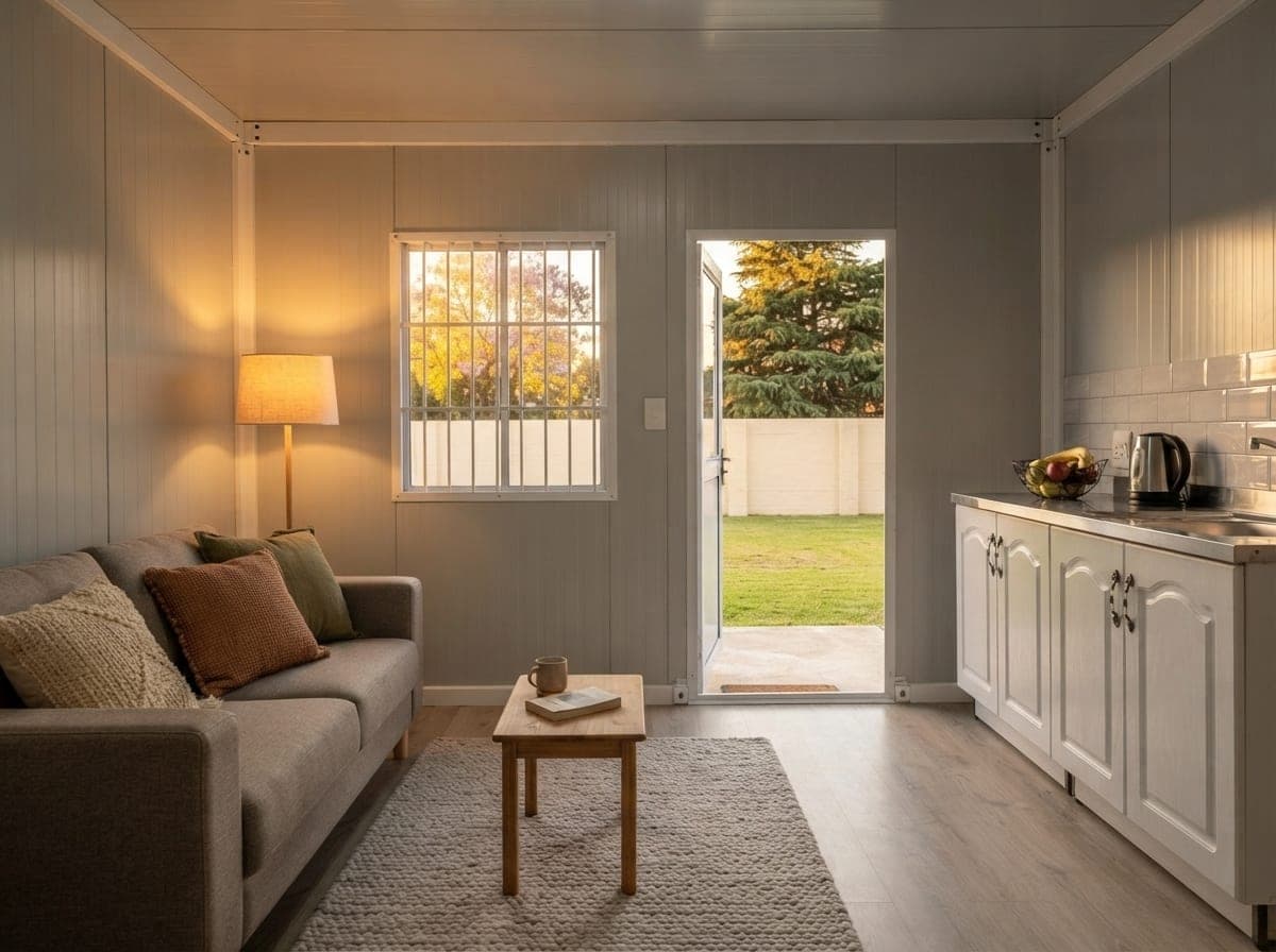 Warm evening interior of an X-Fold cabin with a grey sofa, floor lamp and compact kitchenette.