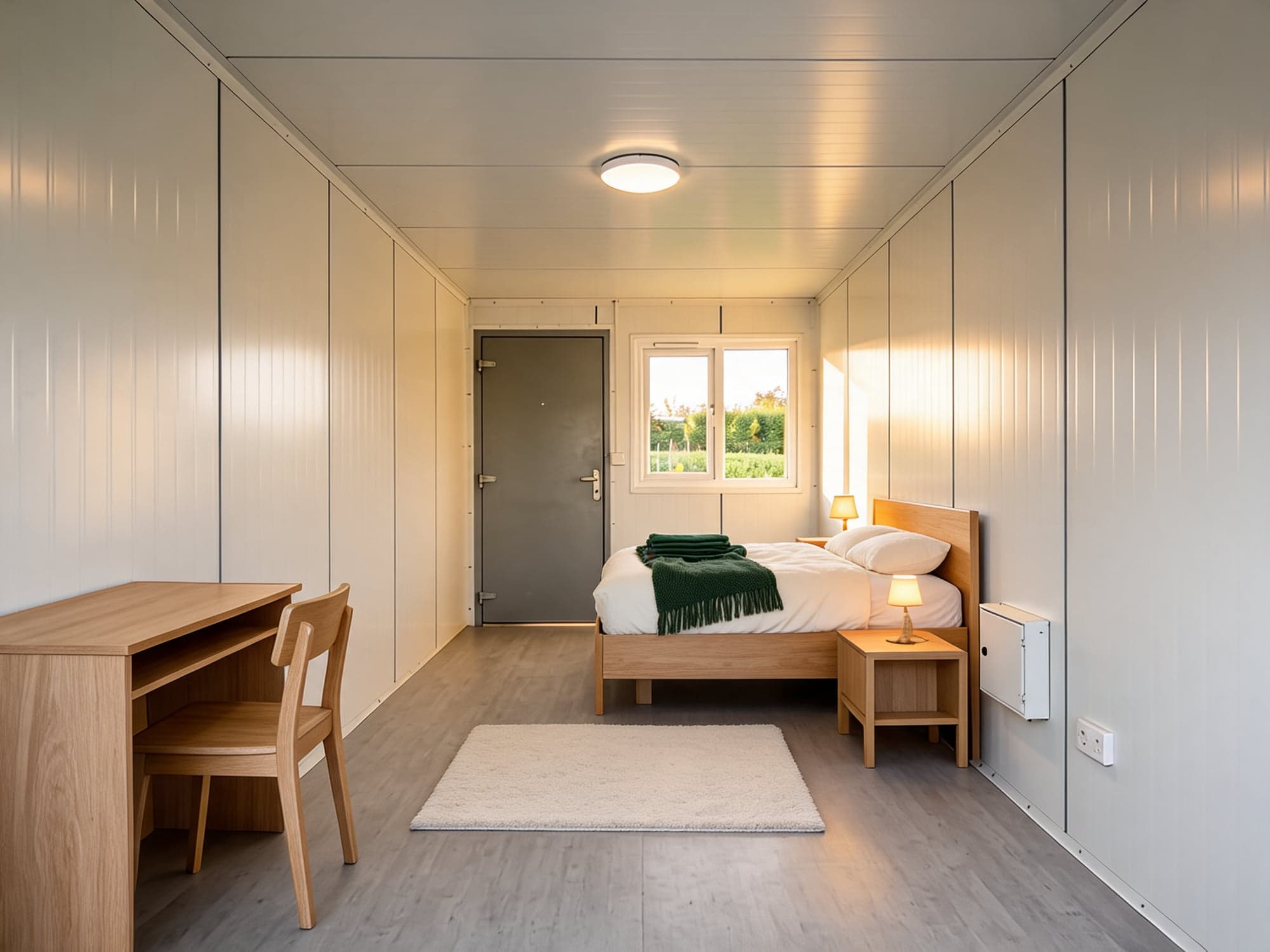 Furnished X-Fold interior with a bed, desk, rug and lamp in the same shell.