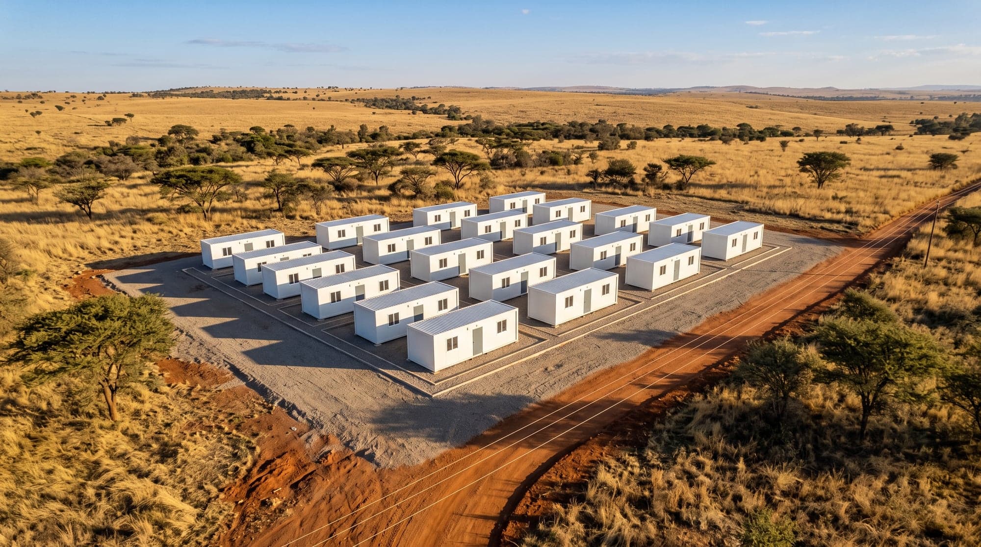 Aerial view of white X-Fold folding homes in neat rows on a South African site.