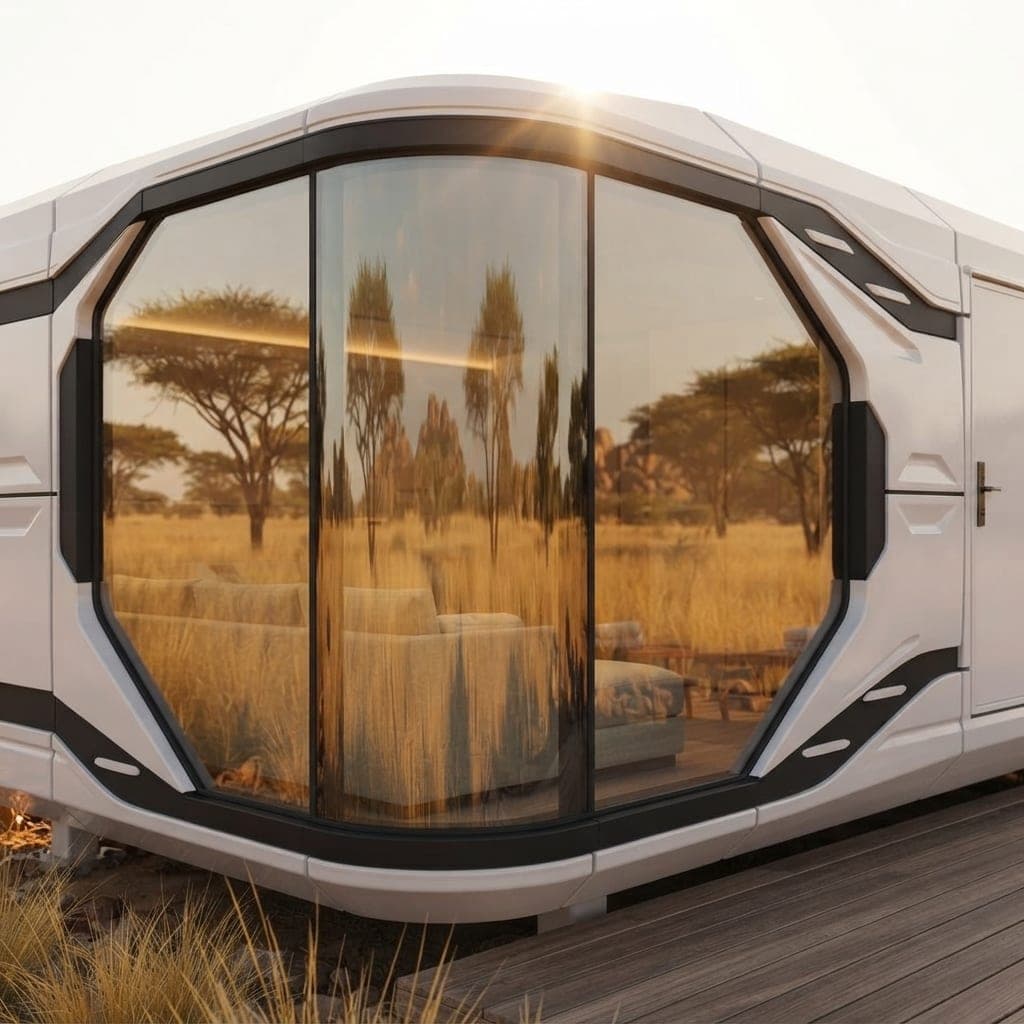Close-up of a Glamping Capsule's black-framed panoramic glazing reflecting acacia trees and golden bushveld grass.