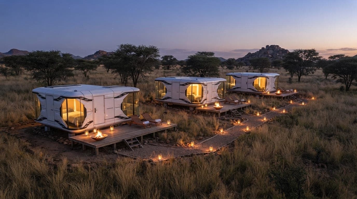 Three white Glamping Capsules with glowing interiors on wooden decks along a bushveld ridge at dusk.