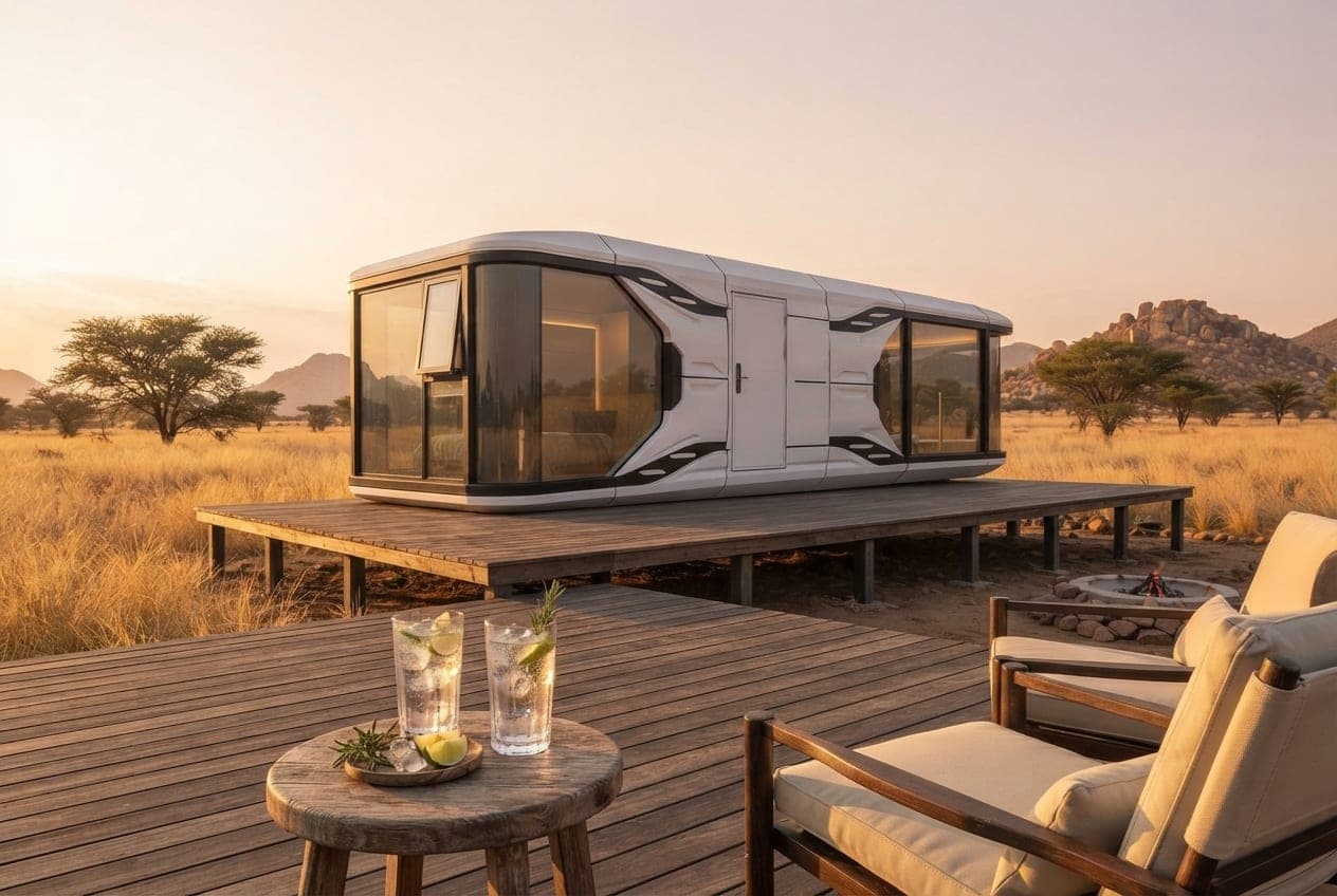 White Glamping Capsule with panoramic glazing on a raised deck at sunset, two sundowners on a side table.