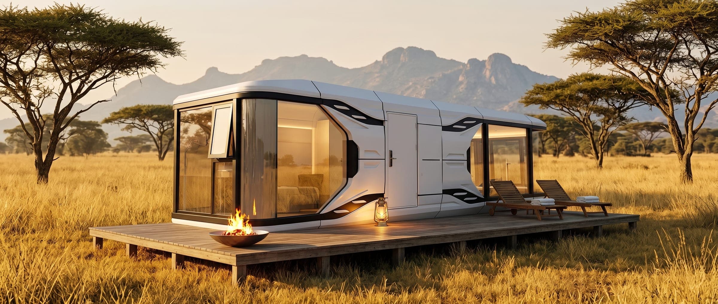 White Glamping Capsule with panoramic glass ends on a timber deck in golden bushveld grass with acacia trees.