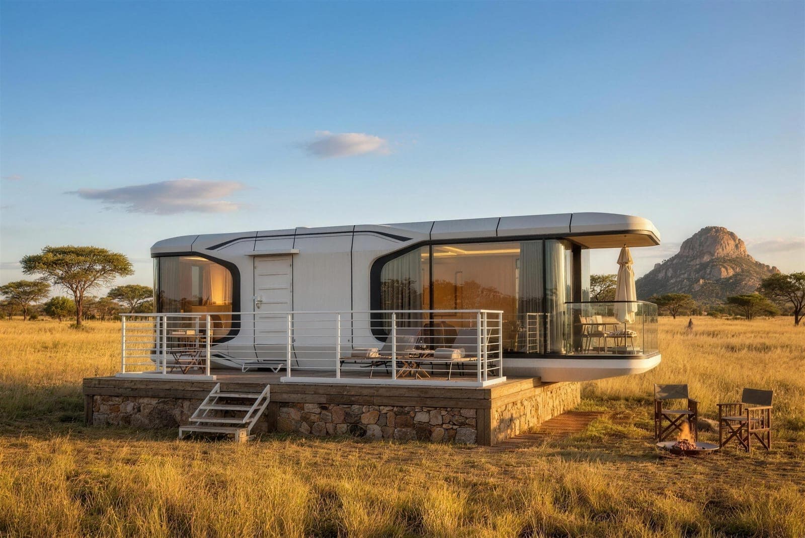 White Glamping Capsule with panoramic curved glazing and railed terrace, overlooking golden savanna grass toward a rocky koppie.