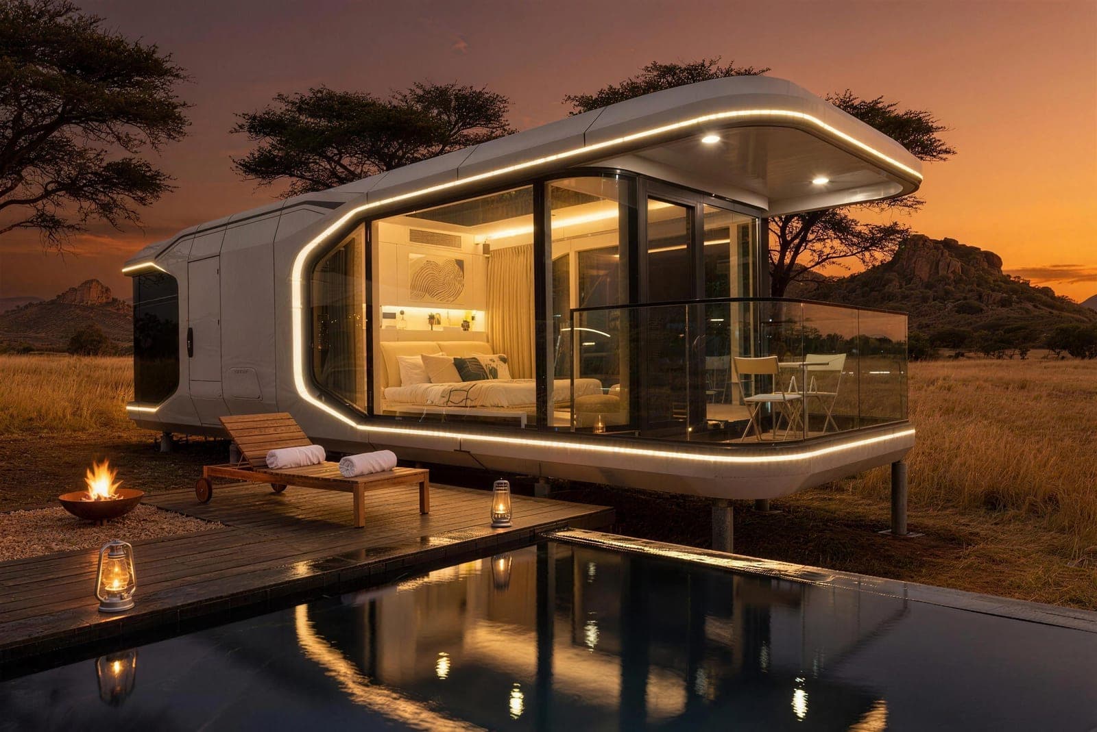 White Glamping Capsule with panoramic glass beside a deck-edge plunge pool at dusk in South African bushveld.