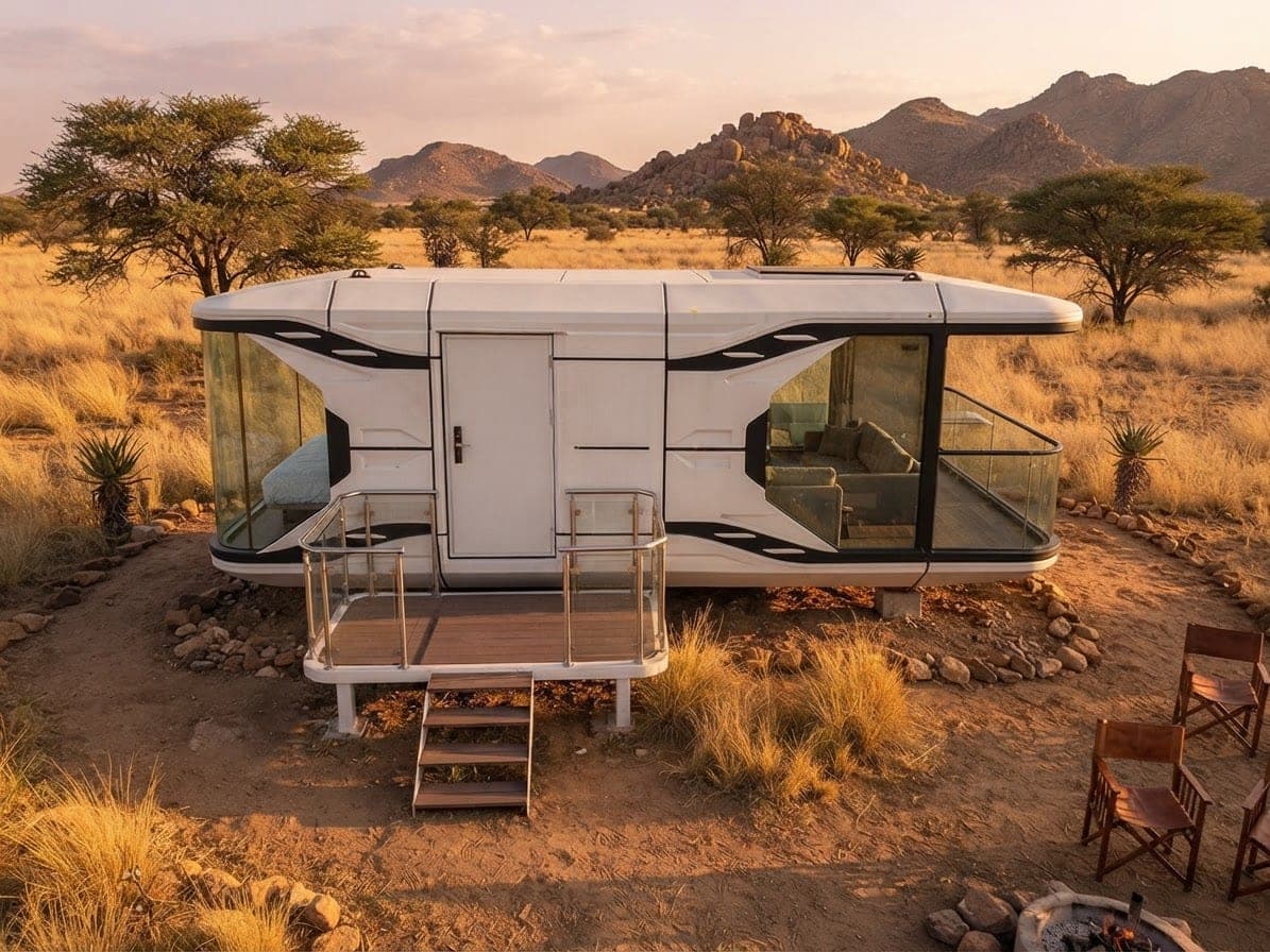 Glamping capsule with panoramic glass walls and wooden terrace in golden bushveld with acacia trees and distant koppies