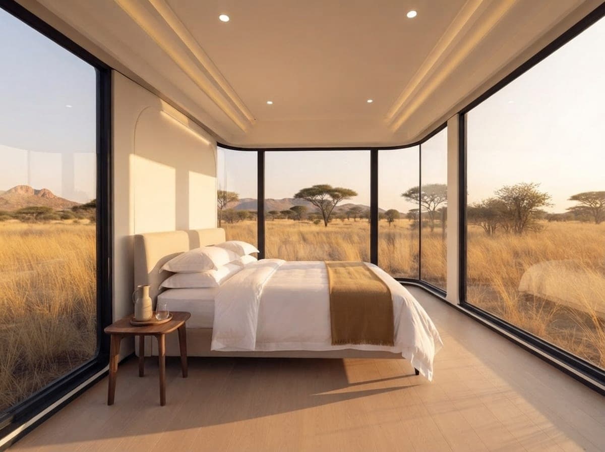 Hotel-style double bed inside a Glamping Capsule, facing black-framed panoramic glass over golden bushveld grass.