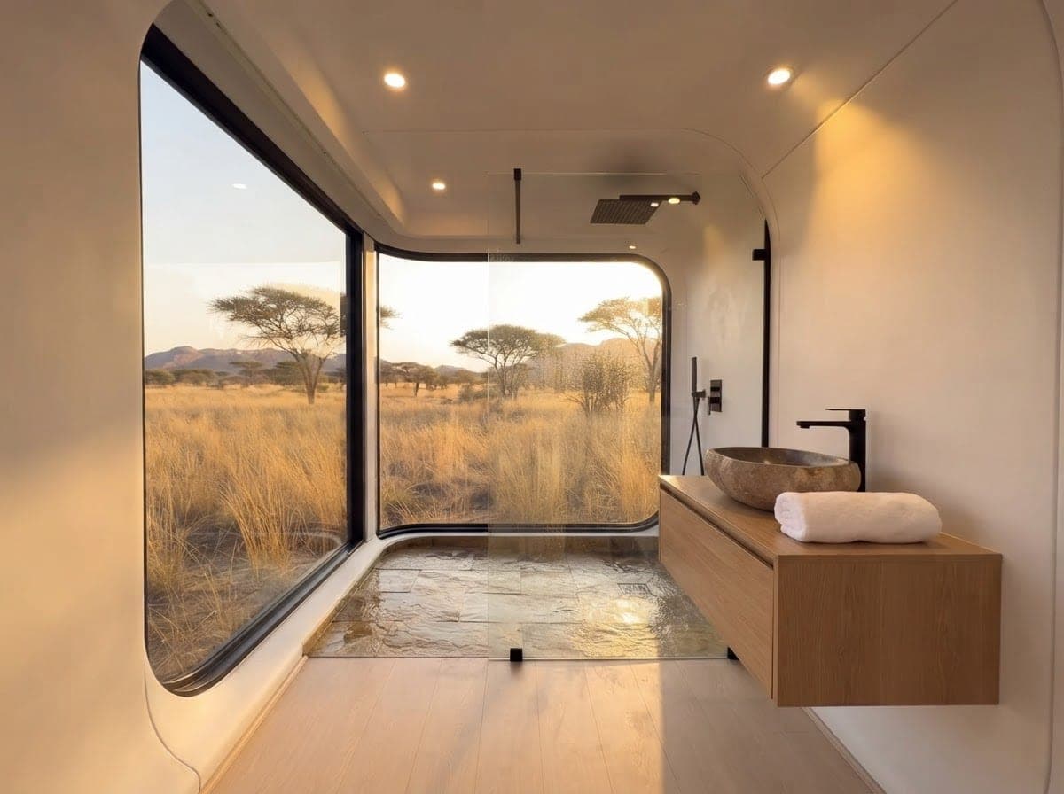 Compact luxury ensuite bathroom inside a Glamping Capsule with a rain shower and stone vessel basin on a floating oak vanity.